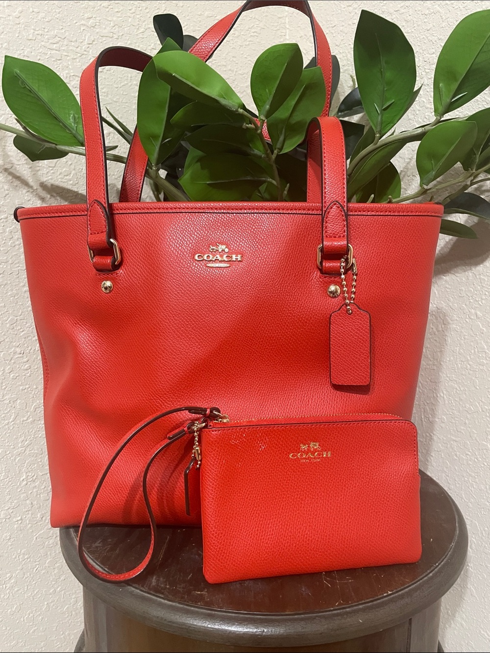 Coach Carmine Red Pebbled Leather Tote with Gold Hardware
